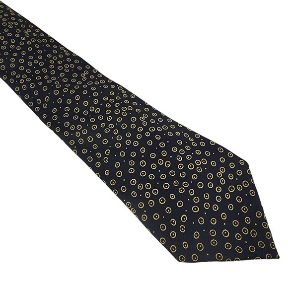 Hermes Circle Black/Gold Print Silk Necktie Width 3.5" - Picture 1 of 5
